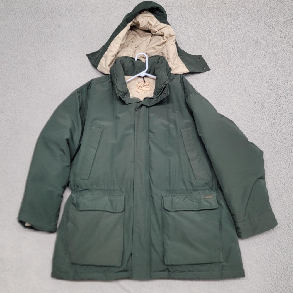 Woolrich Jacket Mens XL Dark Pine Green Goose Down Parka Coat Hooded Canvas 90s